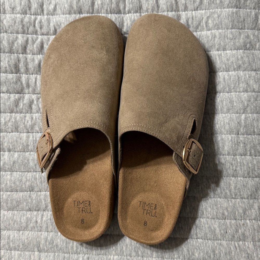 Time and Tru Taupe Suede Clog Mules with Buckle